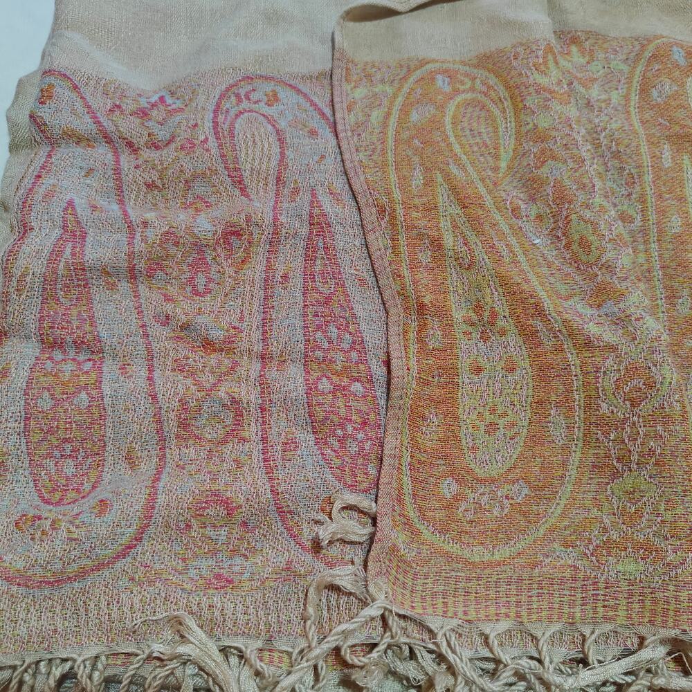 100% Pashmina Paisley Scarf Wrap Fringe Shawl Pink Gold - Picture 2 of 4